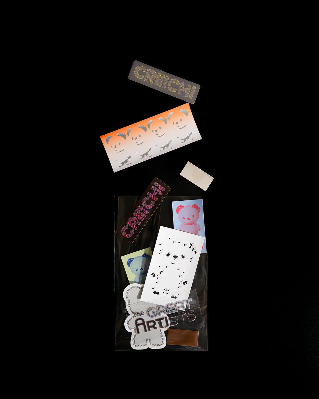 Collection of stickers with CRIIICHI branding on a black background