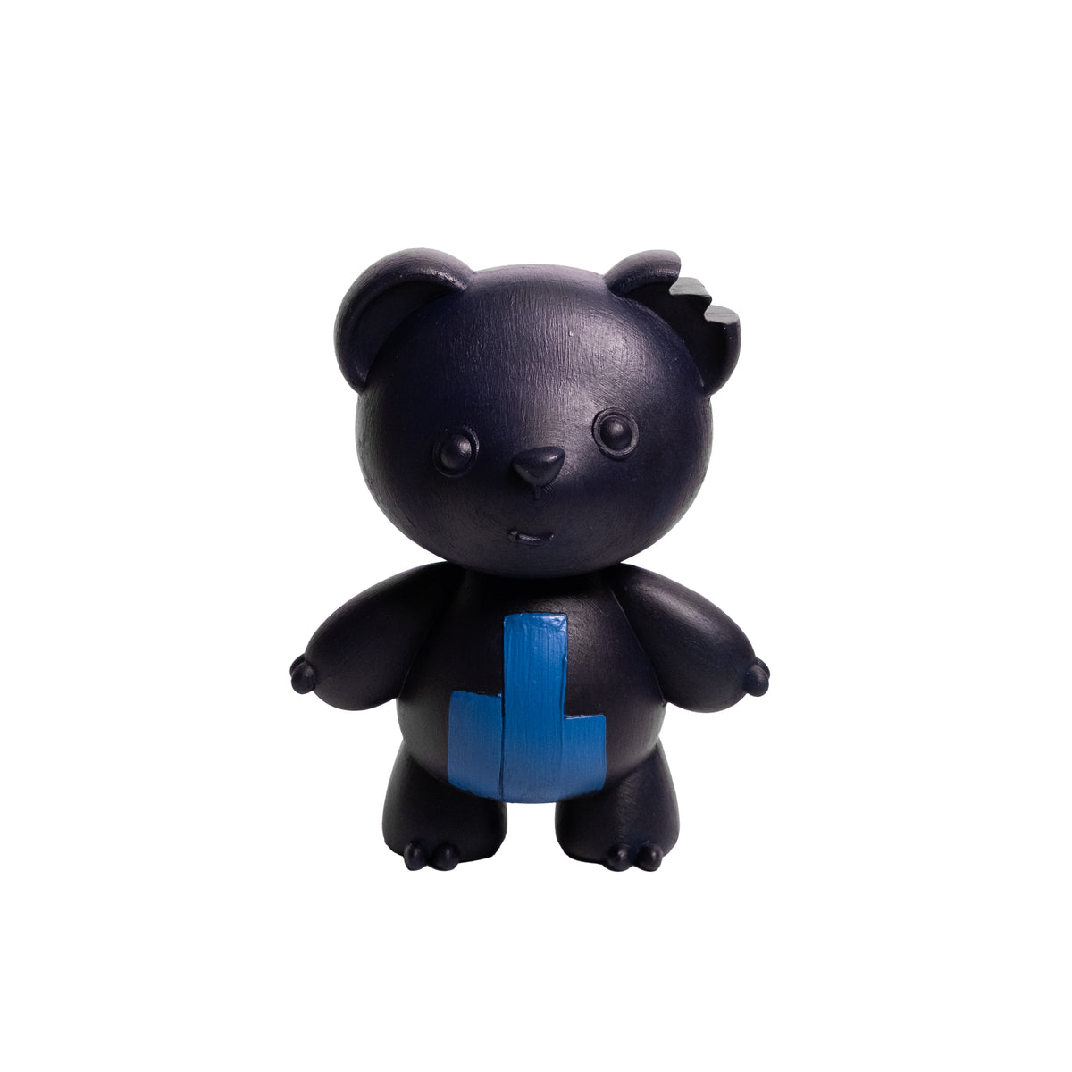 A small black bear figurine with a bright blue geometric chest design, centered on a plain white background.