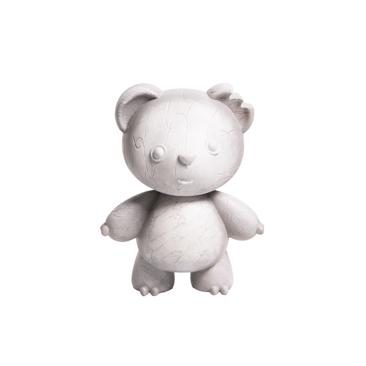A small white teddy bear figurine with a textured, stone-like surface, centered on a plain white background.