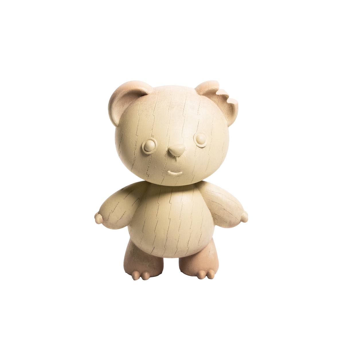 A small wooden bear figurine with a natural light wood color finish, standing against a solid white background.
