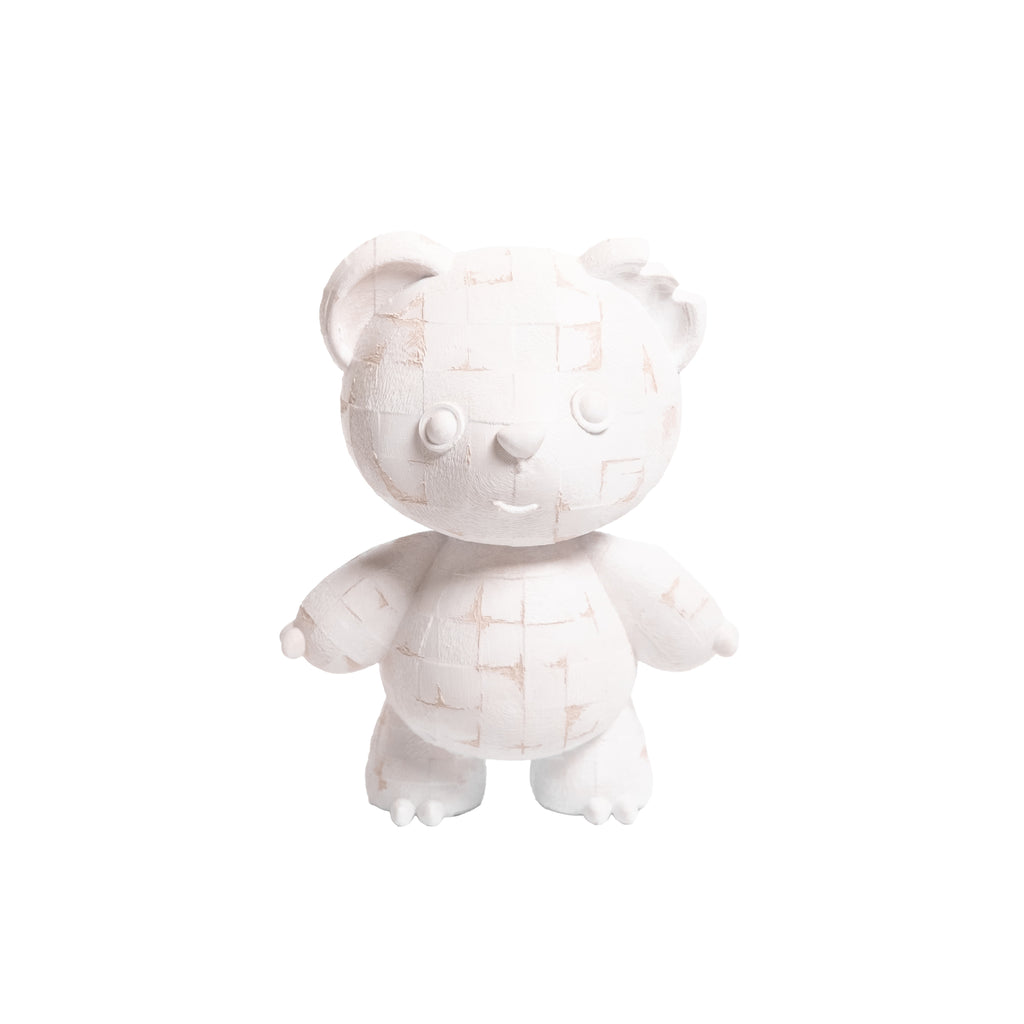 A white grid textured teddy bear toy with a subtle grid pattern on its fabric, centered against a solid white background.