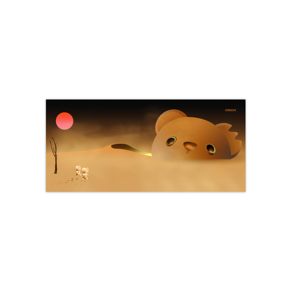 Cute cartoon bear in a desert with a red sun inspired by the movie "The Mummy"