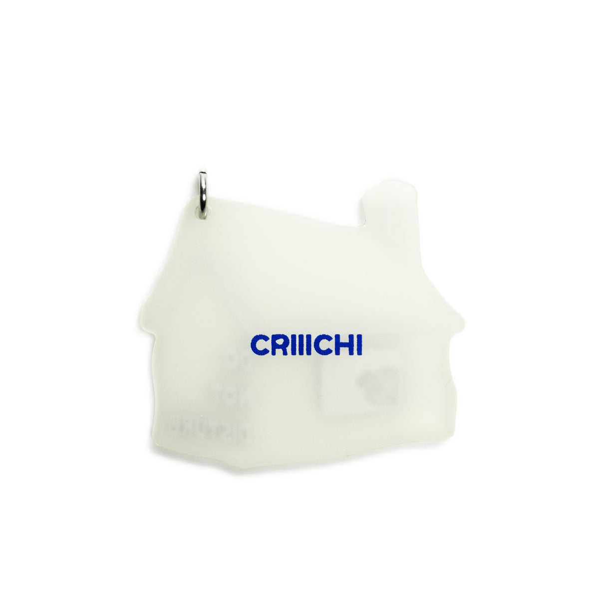 A translucent white silicone house-shaped charm with a silver metal loop at the top and the blue brand name 'CRIIICHI' printed on the front, shown against a plain white background.