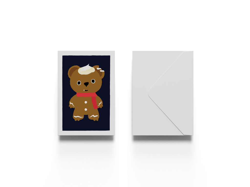 Greeting card with a gingerbread bear design on a white background