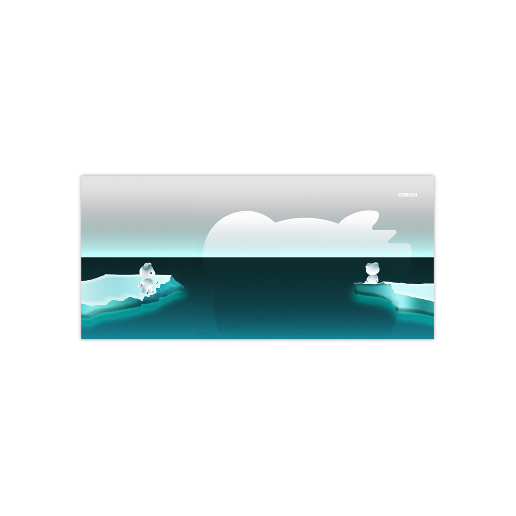 Two polar bears on ice with a snowy landscape in the background