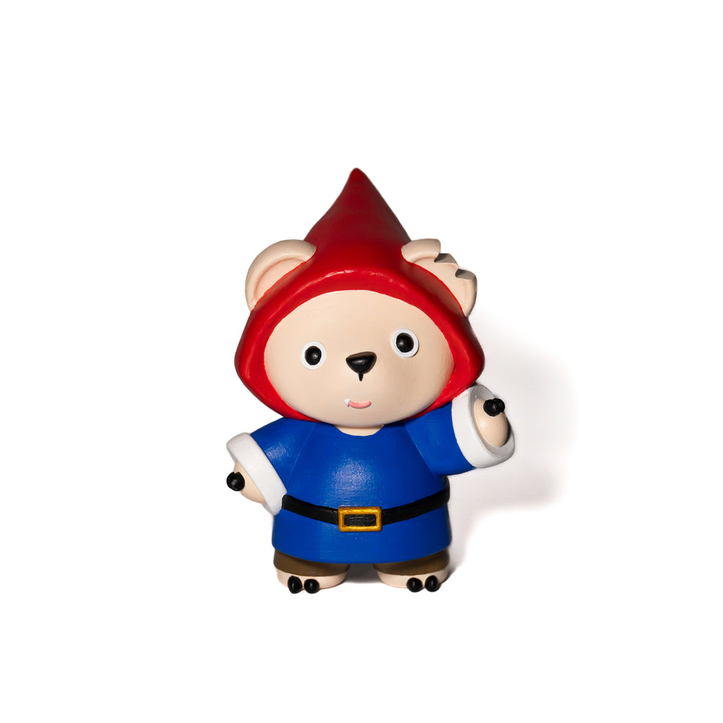 Hand painted Toy figure of a bear character with a red hat and blue seasonal gnomes outfit 