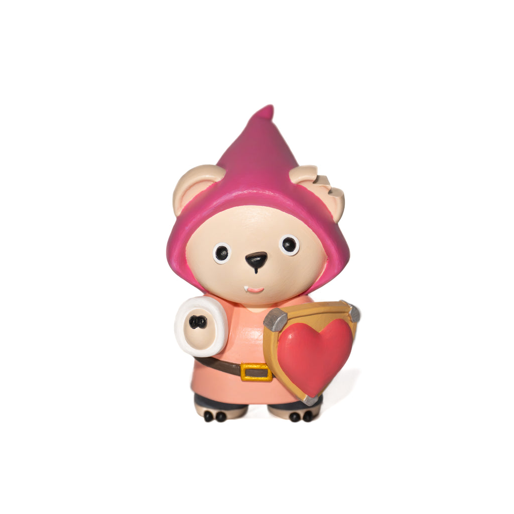 Toy figure of a character named CRIIICHI wearing a pink hat and holding heart-shaped shield 