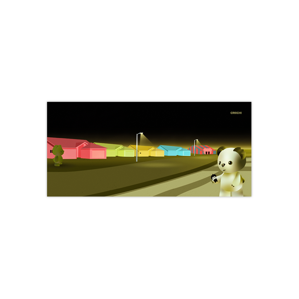 Animated scene with a bearcharacter holding a toy, surrounded by colorful houses, and a streetlight.