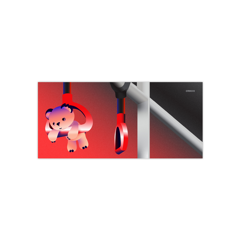 A bear character resting on a handrail on the transportation 