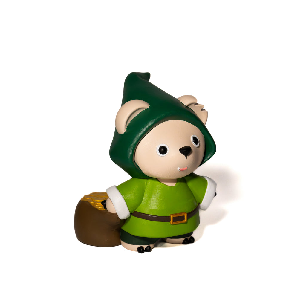 Toy figure of a character in green outfit with a hat holding a pot of gold coins on a white background