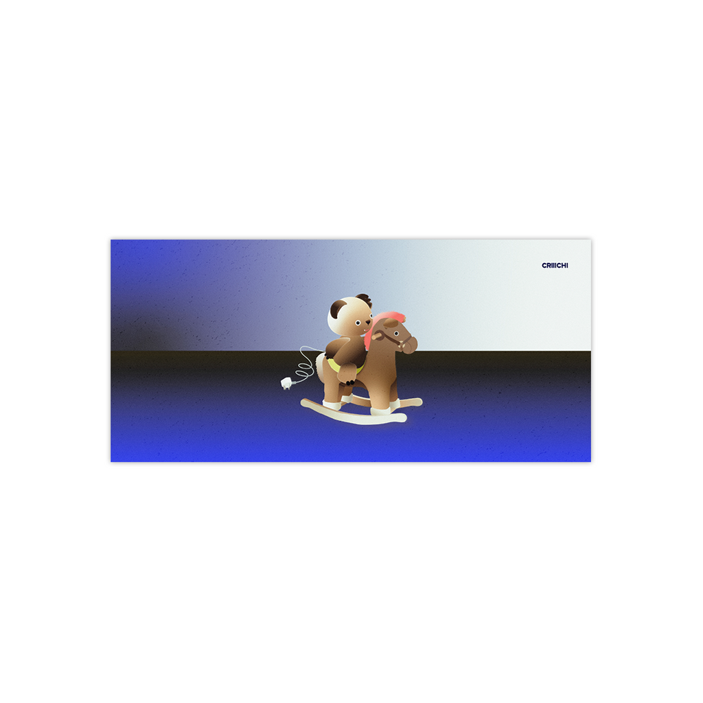 A bear riding on a small rocking horse toy with gradient blue and white background