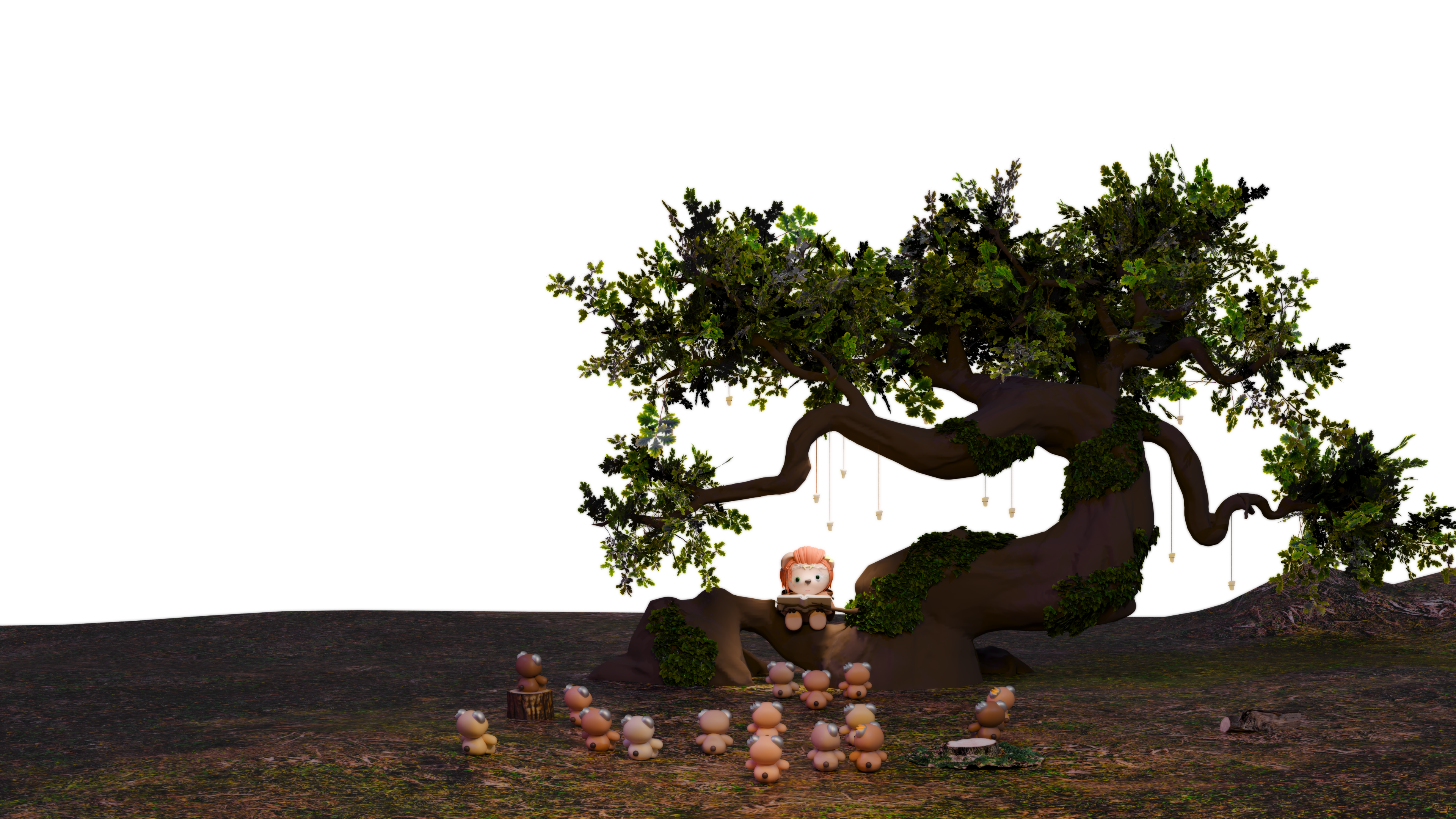 Celtic bear goddess Artio sitting under a large tree with small CRIIICHI figures around