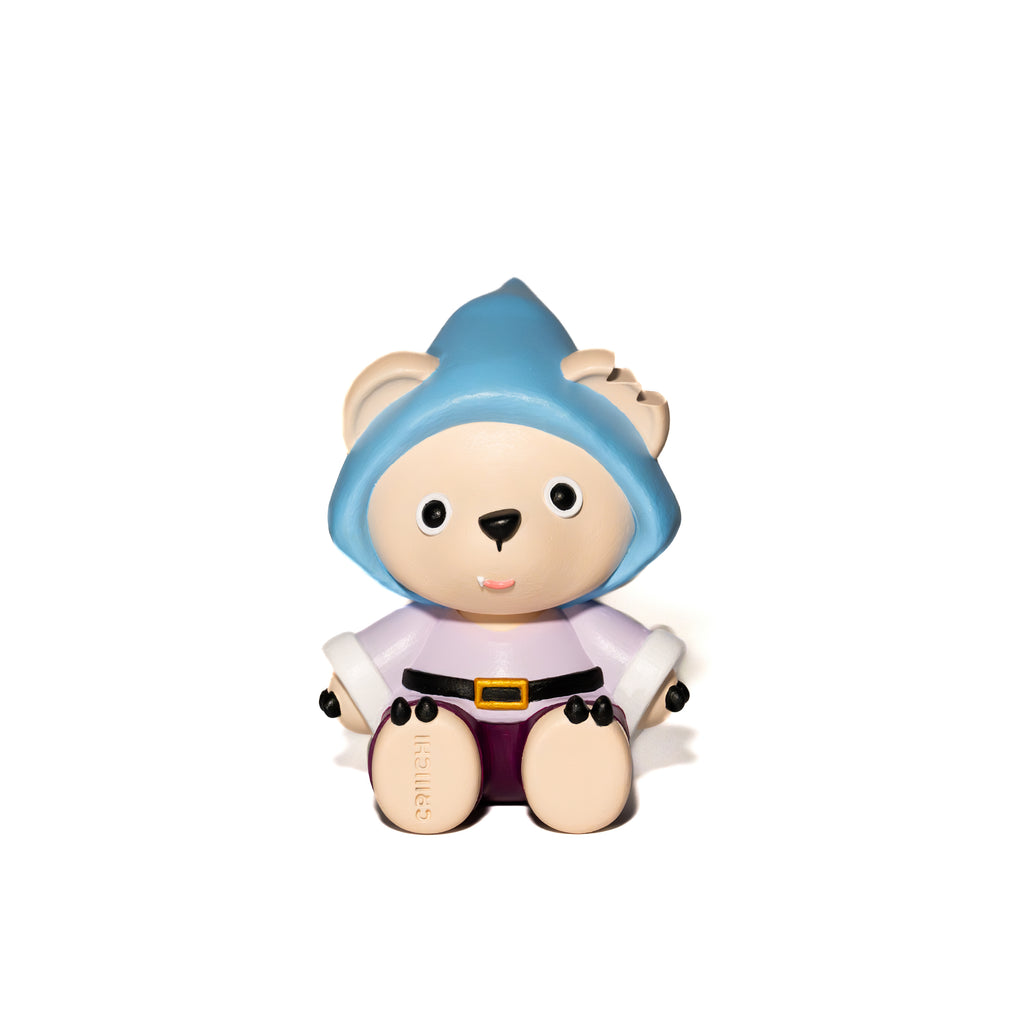Toy figure of an original IP character, a bear named CRIIICHI with a blue hood and white outfit