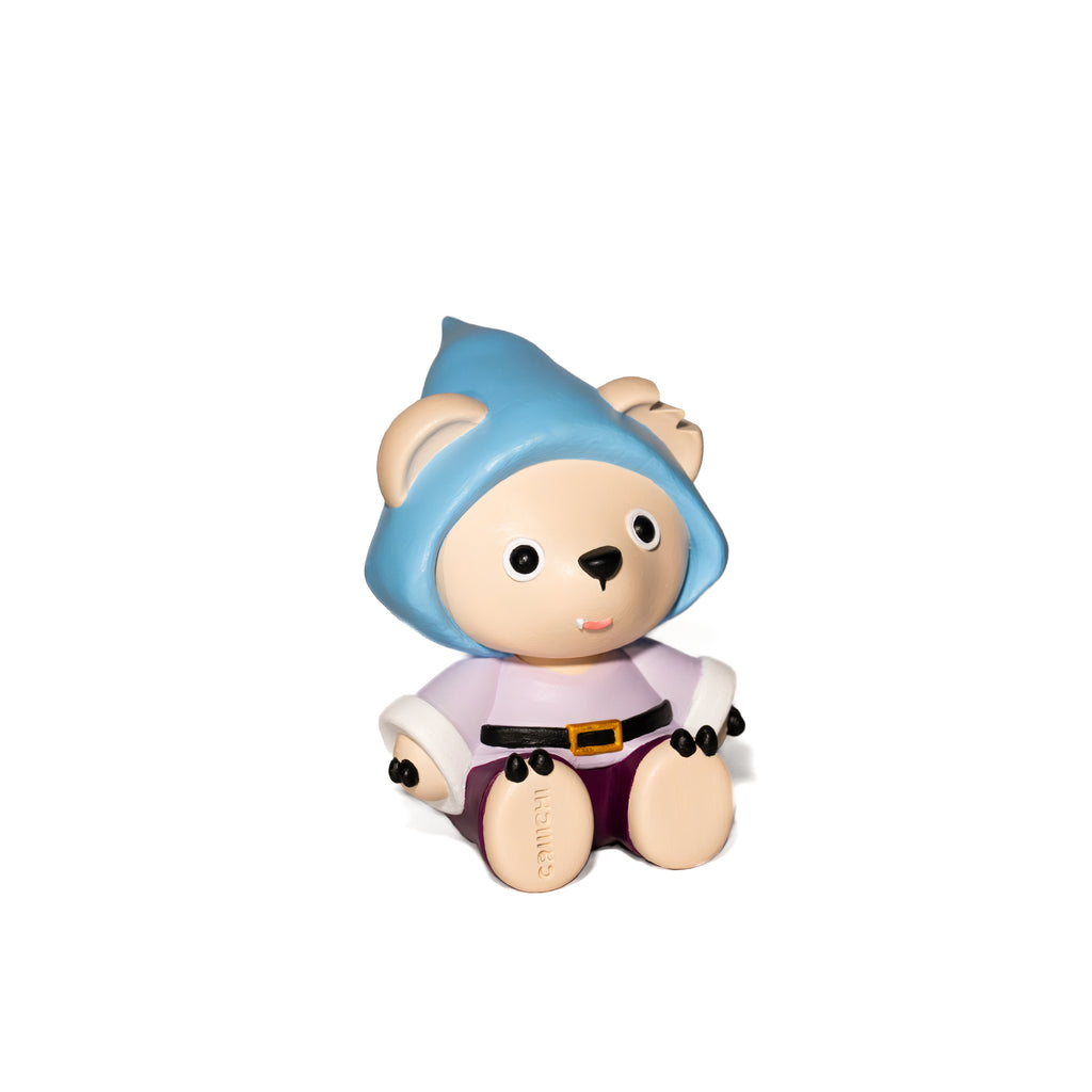 Toy figure wearing gnomes outfit with a blue hood and purple outfit