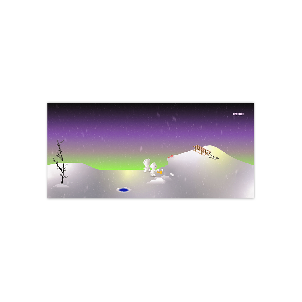 Cartoon scene with two character on a snowy hill at night, with aurora scenery at the back