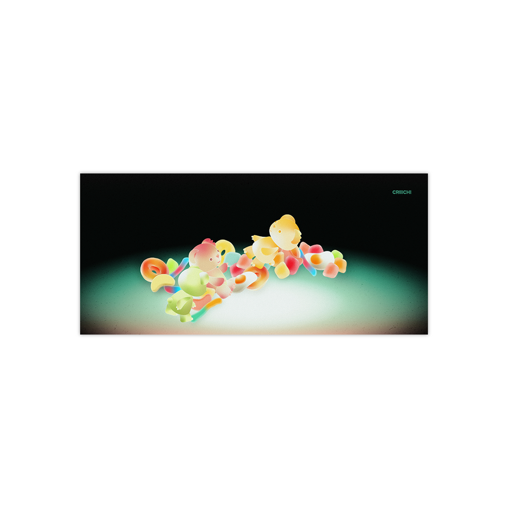 Colorful gummy bear candies with a gradient spot light background