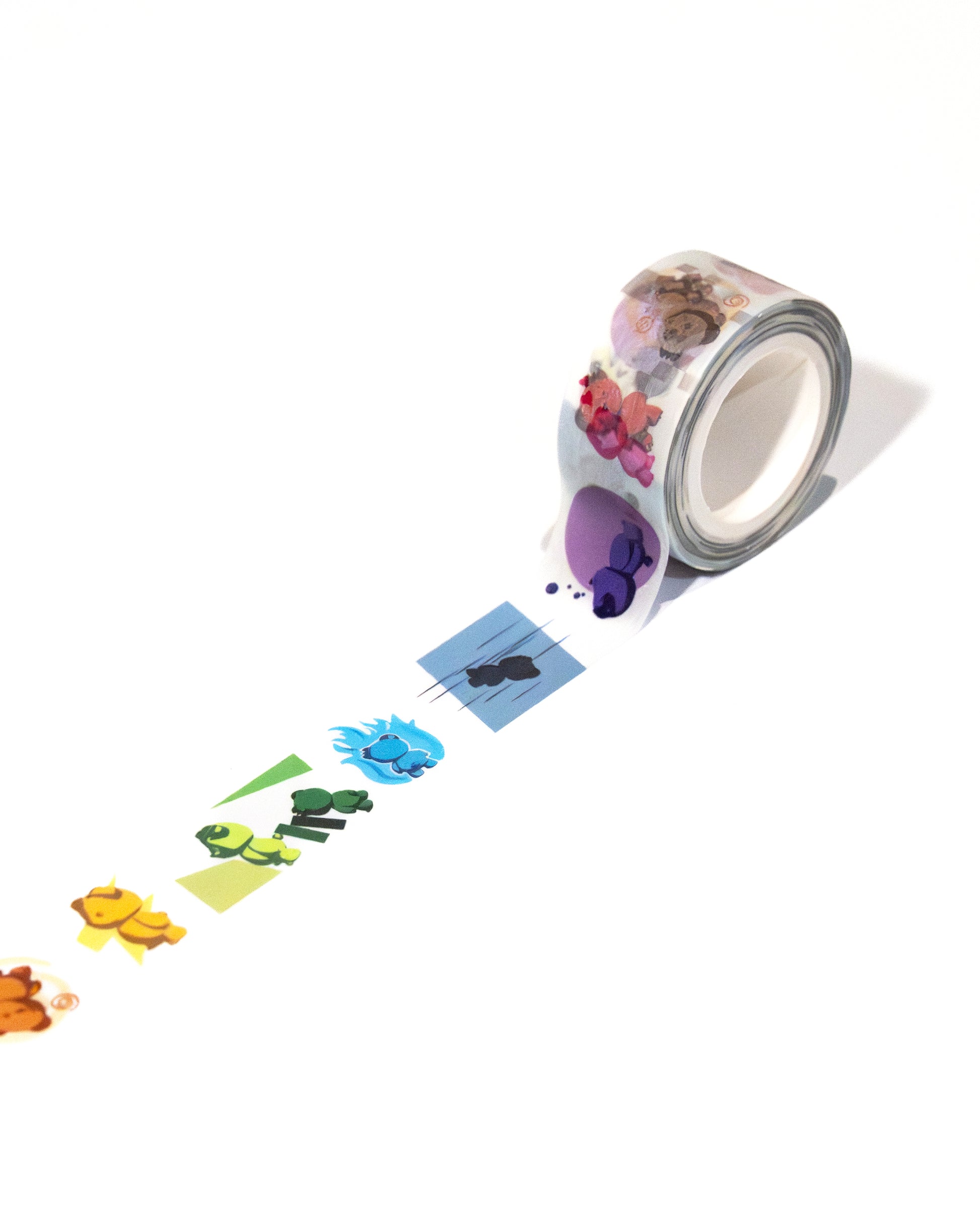 Roll of decorative washi masking tape with colorful designs on a white background
