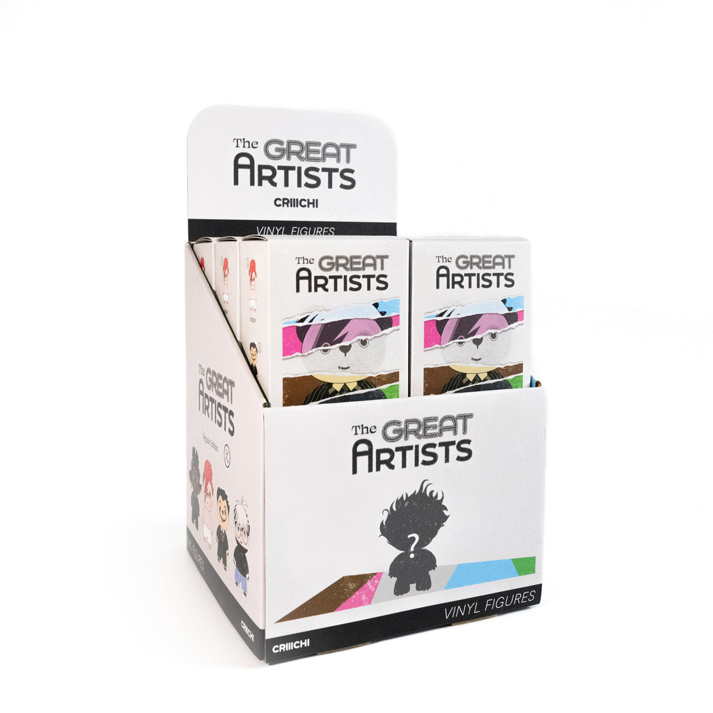 Display box for 'The Great Artists' vinyl figures with multiple boxes inside.
