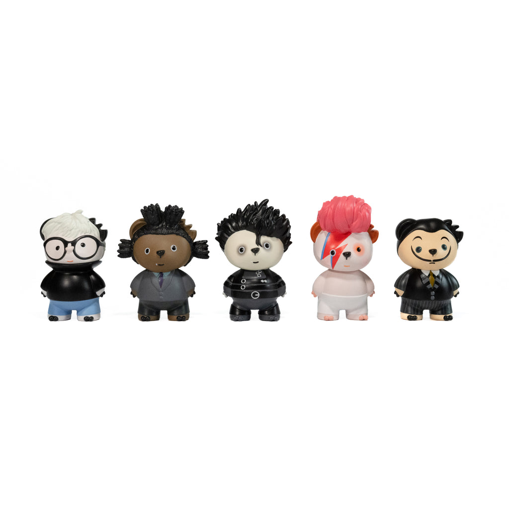 Five stylized designer toy figurines with unique hairstyles and outfits, inspired by movies, popstars icon, art movement and culture. David Bower, Andy Warhol, Dali, Basquiat, Edward Scissors Hand